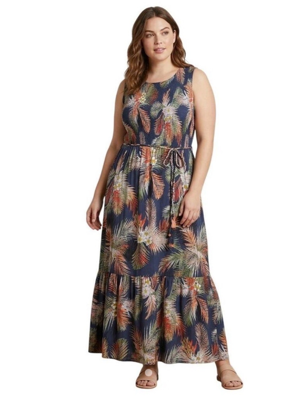 Sleeveless Navy Tropical Print Maxi Dress